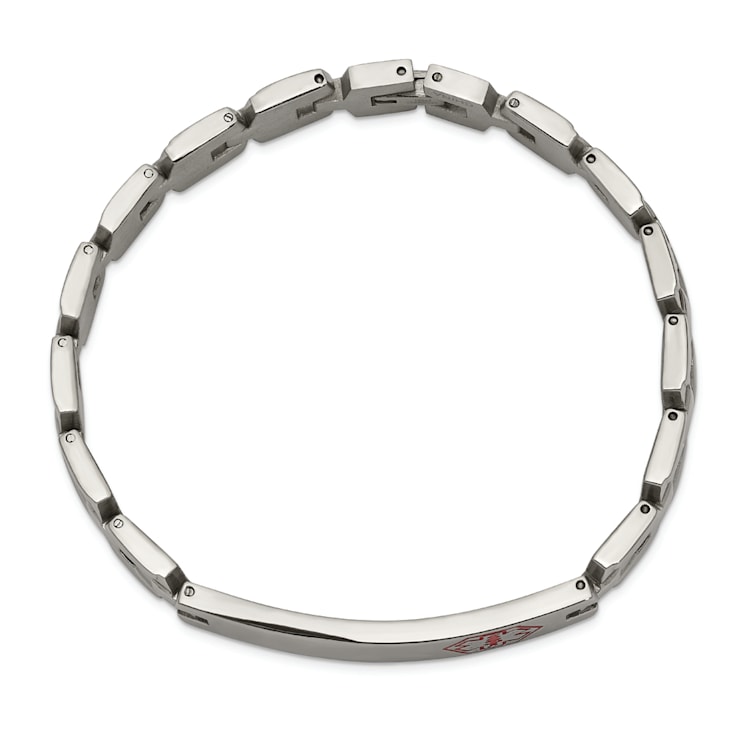 Stainless Steel Brushed and Polished Red Enamel 8-inch Medical ID Bracelet