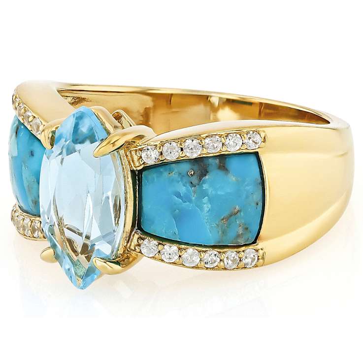 Blue Topaz, Inaly Turquoise And White Zircon Ring In 18K Gold Over
Sterling Silver 1.97ctw