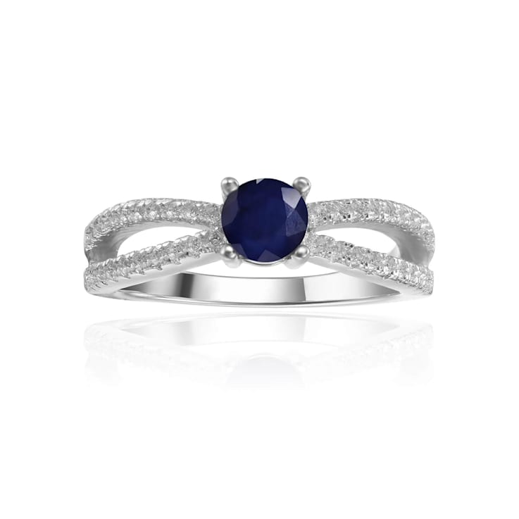 Round Blue Sapphire with White Sapphire Accents Sterling Silver Split
Shank Ring, 0.60ctw
