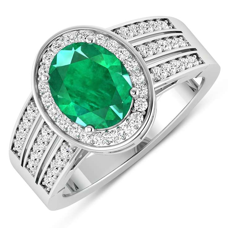 1.97ctw Green Emerald and Diamond 14K White Gold Halo Ring