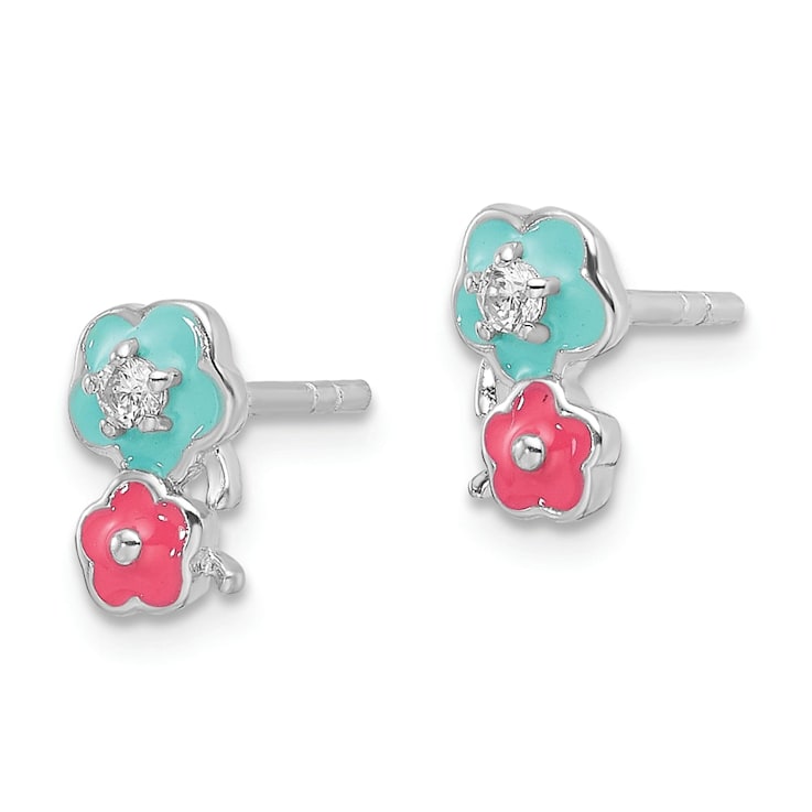 Rhodium Over Sterling Silver Cubic Zirconia and Enamel Flowers
Children's Post Earrings
