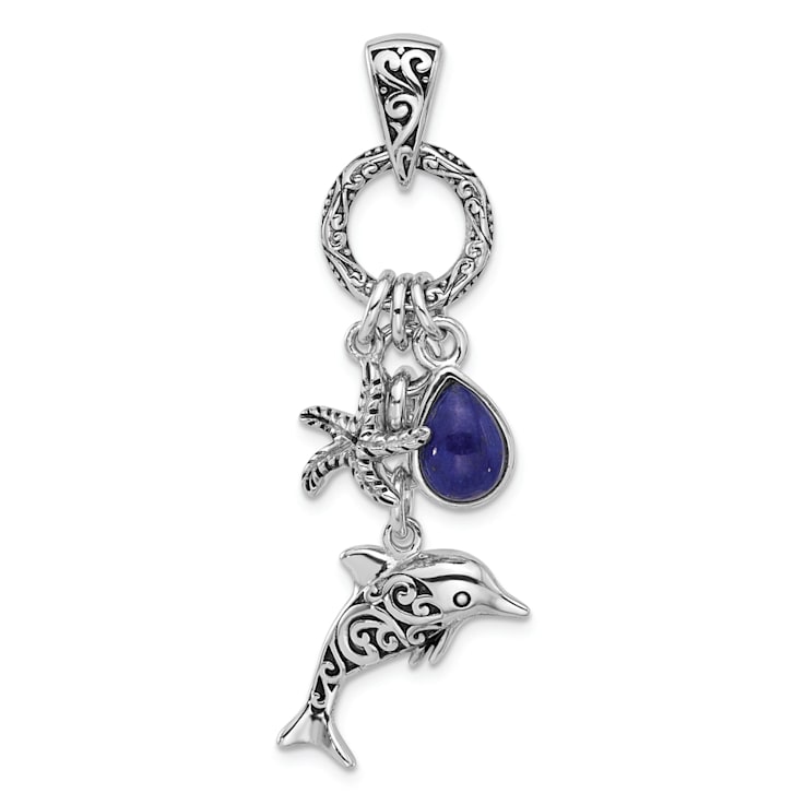 Rhodium Over Sterling Silver Oxidized Lapis Lazuli Dolphin and Starfish Pendant