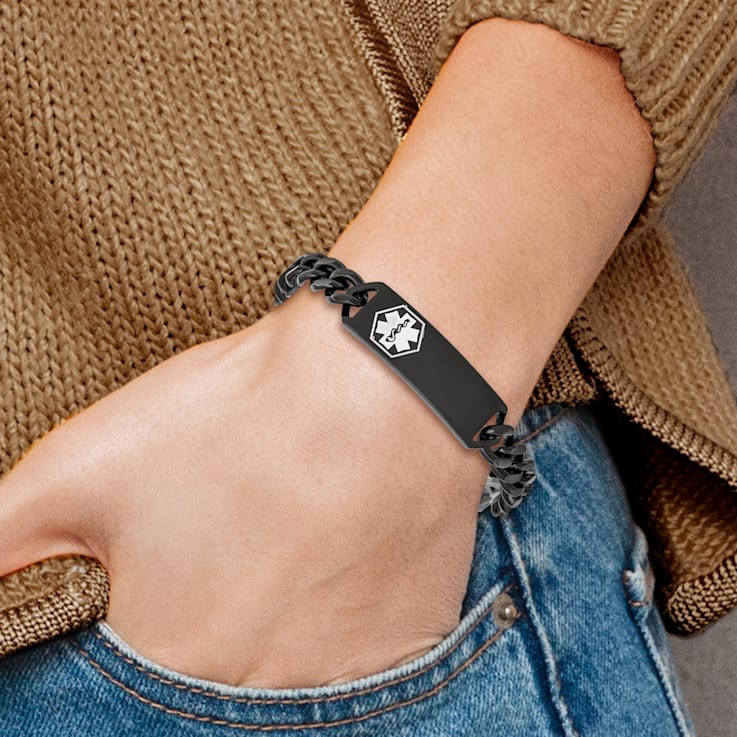Stainless Steel Polished Black IP-plated with White Enamel 8-inch
Medical ID Bracelet