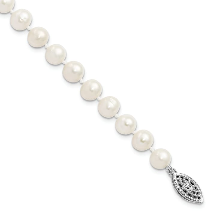 Rhodium Over Sterling Silver 6-7mm White Freshwater Cultured Pearl Bracelet