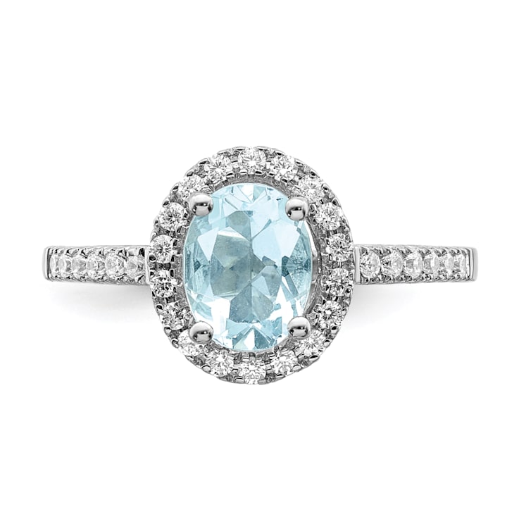 Rhodium Over 14K White Gold Aquamarine Diamond Halo Engagement Ring