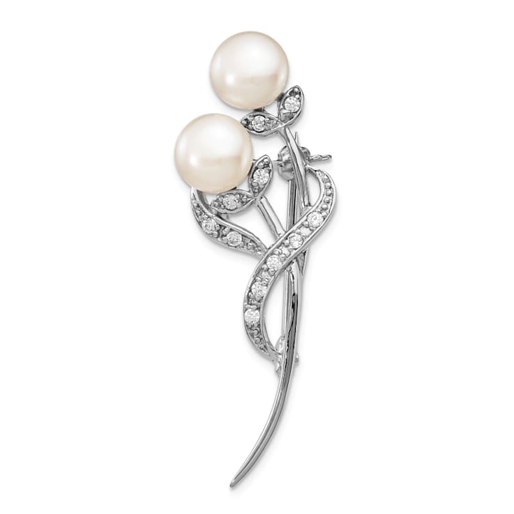 Rhodium Over Sterling Silver 7-8mm White Button Freshwater Cultured
Pearl Cubic Zirconia Brooch