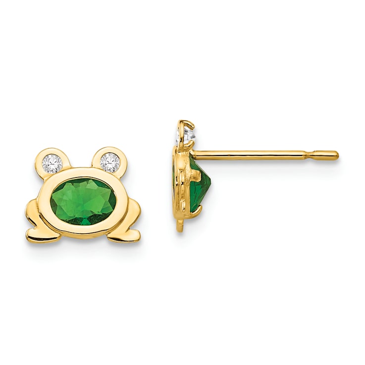 14K Yellow Gold Cubic Zirconia Children's Frog Post Earrings