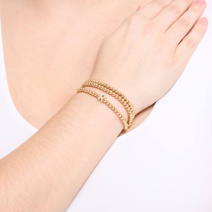 Initial R CZ Beaded Bracelet Set In 14K Gold Over Brass 0.14ctw