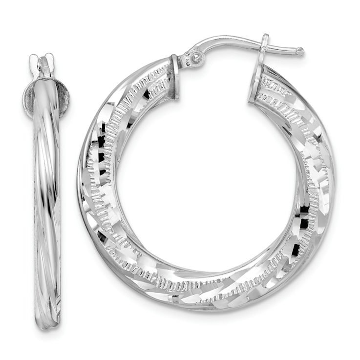 Rhodium Over Sterling Silver 3x29mm Diamond-Cut Twisted Tube Hoop Earrings