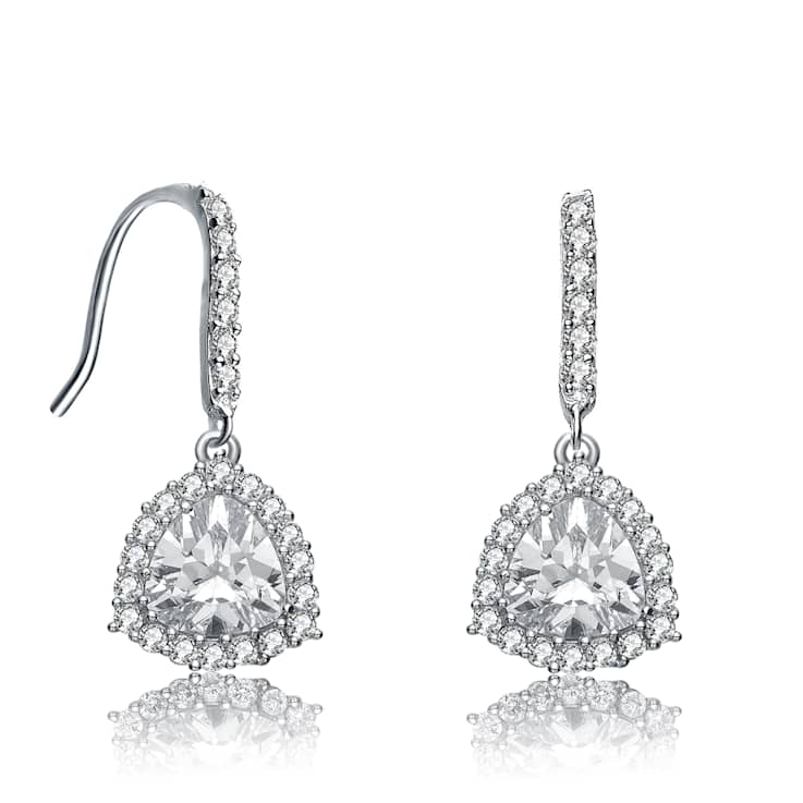 Pear Shape CZ Halo Drop Earrings In White Rhodium Over Brass