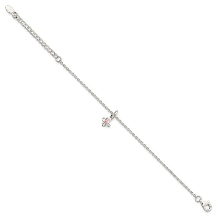 Sterling Silver Pink Cubic Zirconia Butterfly with 1.5-inch Extension Bracelet
