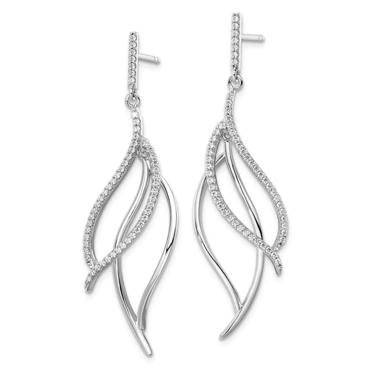 Rhodium Over Sterling Silver Cubic Zirconia Leaf Dangle Earrings