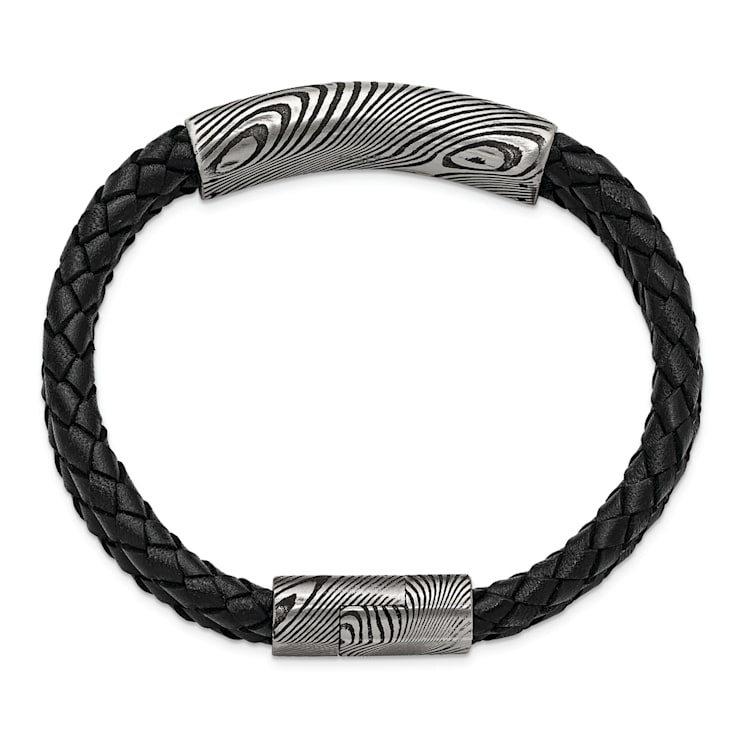 Black Leather and Stainless Steel with Damascus Steel Bracelet