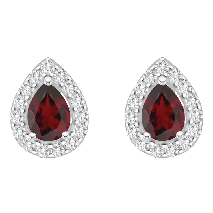 8x5mm Pear Shape Garnet And White Topaz Accent Rhodium Over Sterling
Silver Halo Stud Earrings