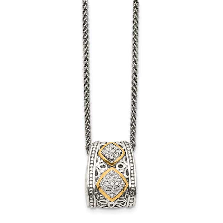 Sterling Silver Antiqued with 14K Accent Diamond Pendant Necklace