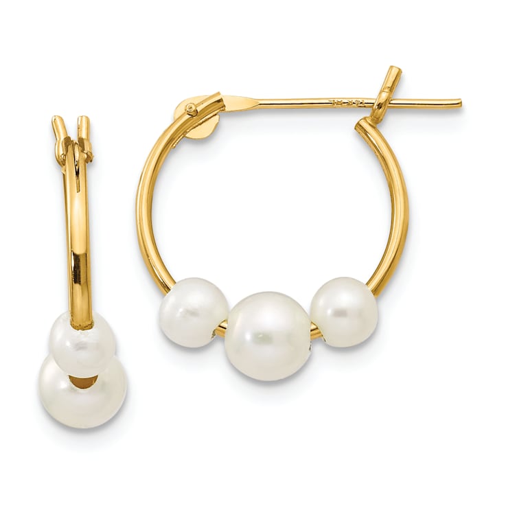 14K Yellow Gold White Semi-round Freshwater Cultured 3 Pearl Hoop Earrings