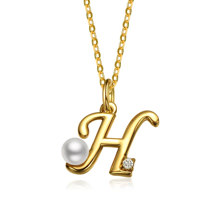 Initial H Pear Shape CZ And Pearl Pendant Necklace In 14K Gold Over Brass