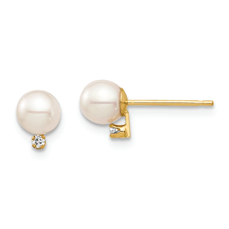 14K Yellow Gold Children's 4-5mm White Round Freshwater Cultured Pearl
and Diamond Stud Earrings