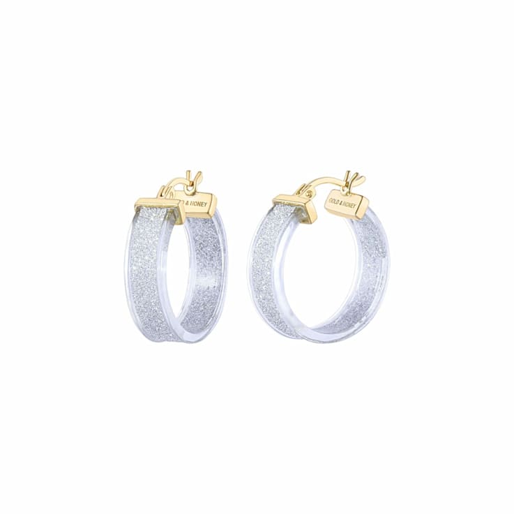 14K Yellow Gold Over Sterling Silver Wide Silver Color Glitter Clear
Acrylic Hoops