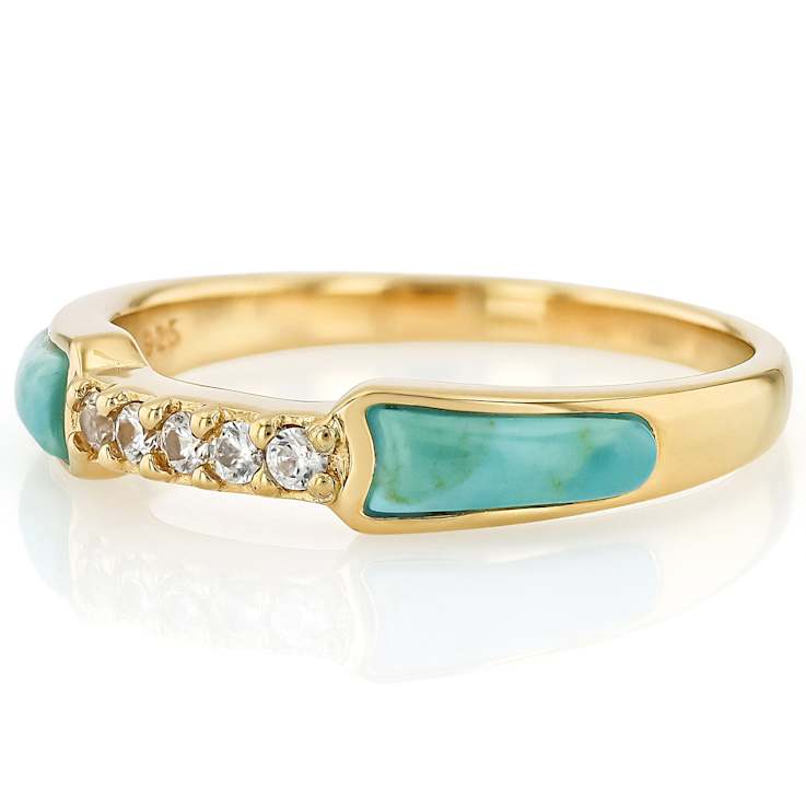 Turquoise Inlay And White Zircon Band Ring In 18K Gold Over Sterling
Silver 0.06ctw