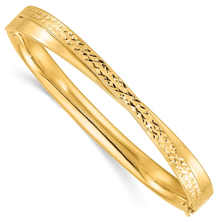 14k Yellow Gold 7.4mm Polished and Diamond-Cut Bypass Hinged Bangle