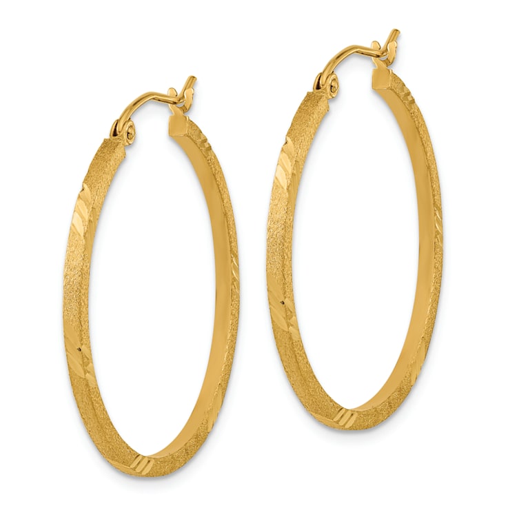 14k Yellow Gold Satin Diamond-cut 1 1/4" Square Tube Hoop Earrings