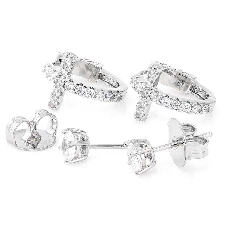 CZ Cross Huggie And Stud Earring Set In Gold-Tone Brass