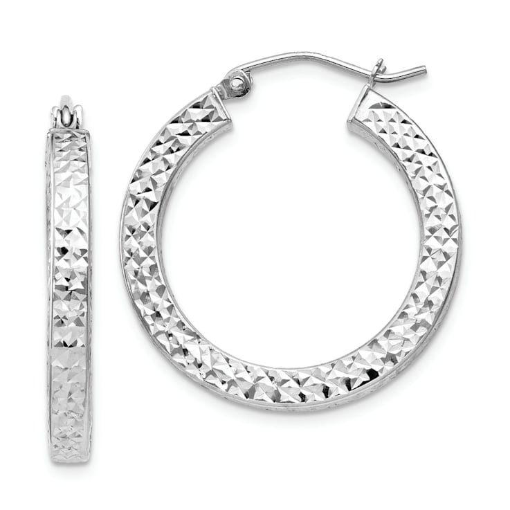 Rhodium Over Sterling Silver Diamond-cut 3x25mm Square Tube Hoop Earrings