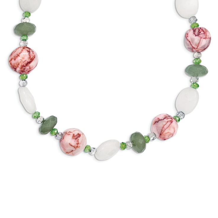 Sterling Silver Aventurine, Crystal, Jadeite and Jasper 18-inch with
2-inch Extension Necklace