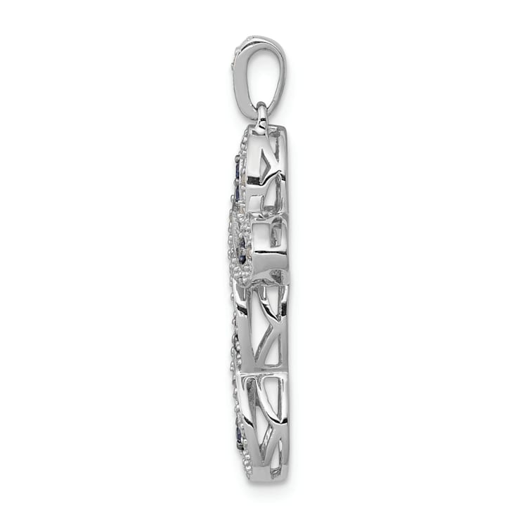 Rhodium Over 14K White Gold White and Blue Diamond Cross Pendant