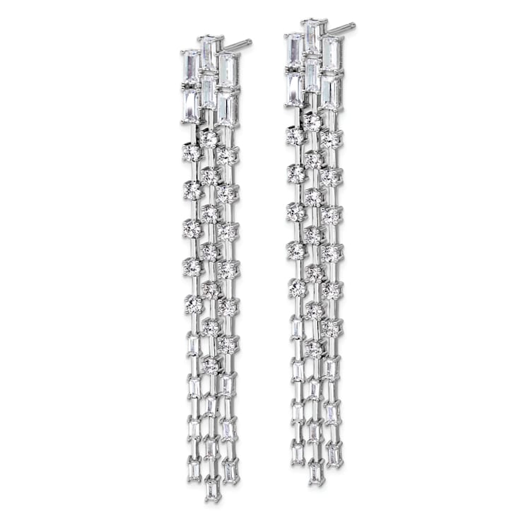 Rhodium Over Sterling Silver Polished Fancy 3-Row Cubic Zirconia Post
Dangle Earrings