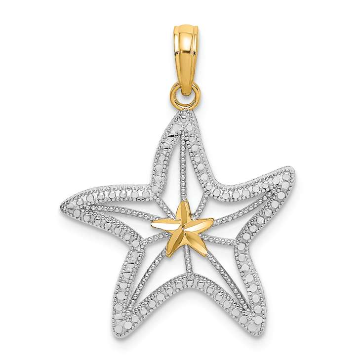 14K Two-tone Gold  Diamond-Cut and Textured Starfish with Star Charm