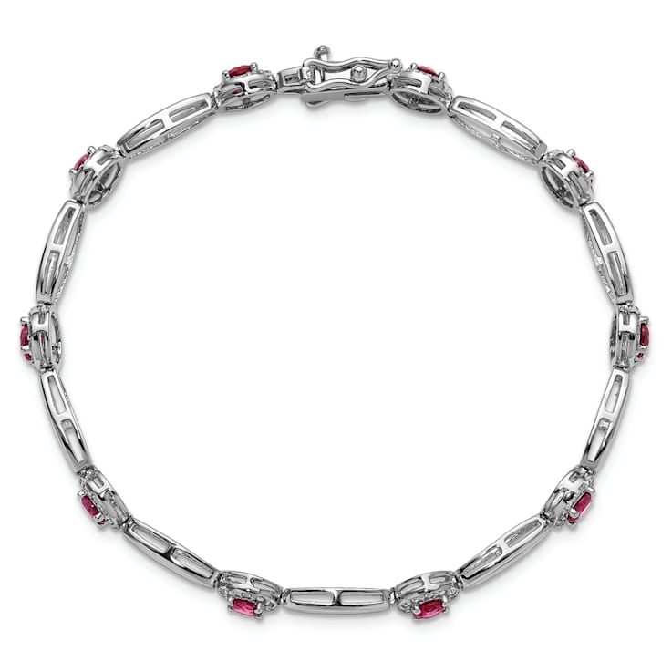 Rhodium Over Sterling Silver Fancy Lab Created Ruby and Cubic Zirconia Bracelet