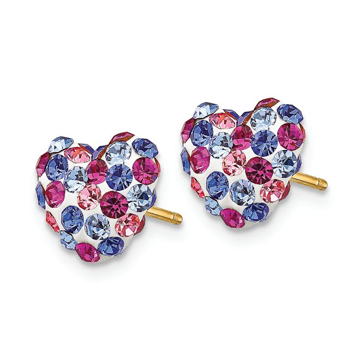 14k Yellow Gold 8mm Multi-Colored Crystal Heart Stud Earrings