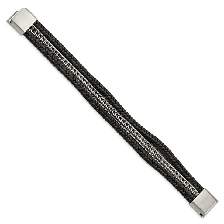 Black Leather and Stainless Steel Polished Multi-Strand 8.5-inch Bracelet