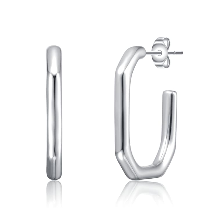 Hexagonal Open Hoop Earrings In White Rhodium Over Brass