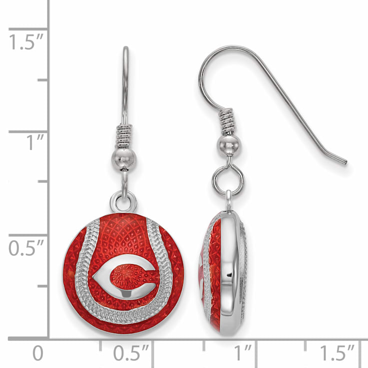Rhodium Over Sterling Silver MLB LogoArt Cincinnati Reds Enamel Earrings