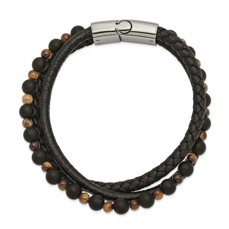 Leather and Stainless Steel Polished with Tiger's Eye and Black Agate
8.25-inch Bracelet