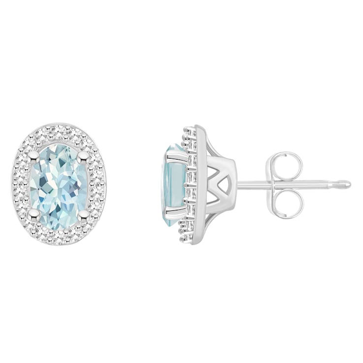 6x4mm Oval Aquamarine 1/6 ctw Diamond Rhodium Over Sterling Silver Halo
Stud Earrings