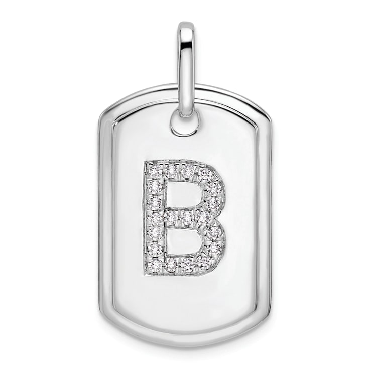 Rhodium Over 14k White Gold Diamond Initial B Dog Tag Charm