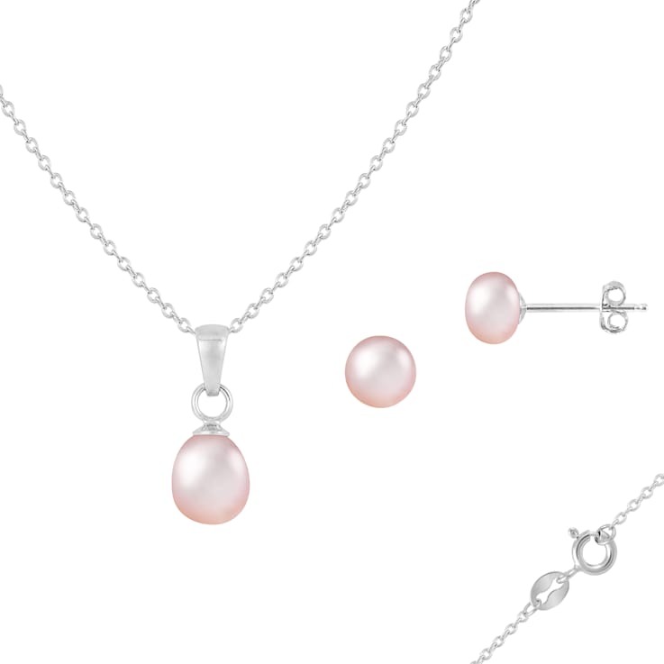 6.5-7mm Button/Drop Pink Freshwater Pearl Rhodium Over Sterling Earring
and Pendant W/Chain Set