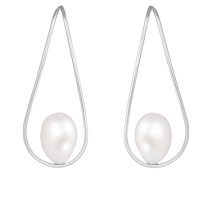 7.5-8mm White Cultured Freshwater Pearl Rhodium Over Sterling Silver Earrings