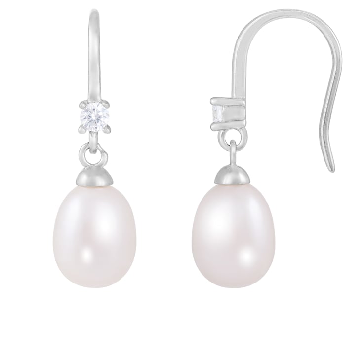 White Cultured Freshwater Pearl and Cubic Zirconia Rhodium Over Sterling
Silver 7-8mm Drop Earrings