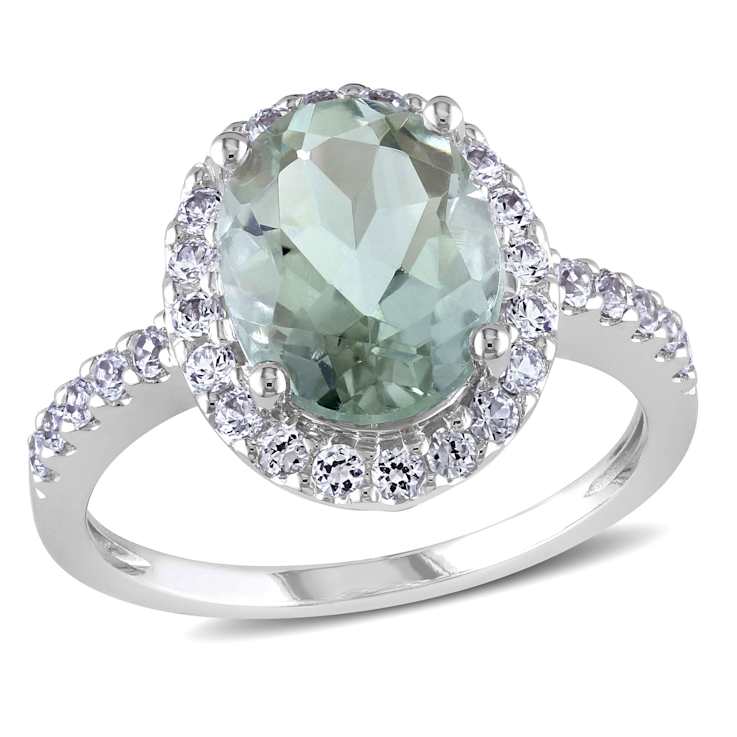 Green Quartz and Created White Sapphire 10K White Gold Ring 2.92ctw