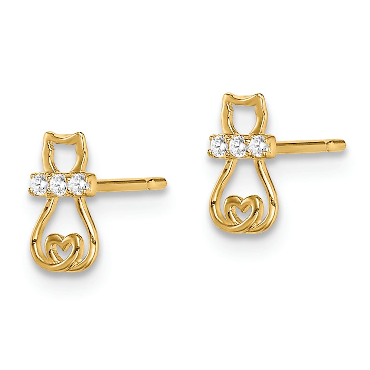 14K Yellow Gold Cubic Zirconia Cat with Heart Tail Post Earrings