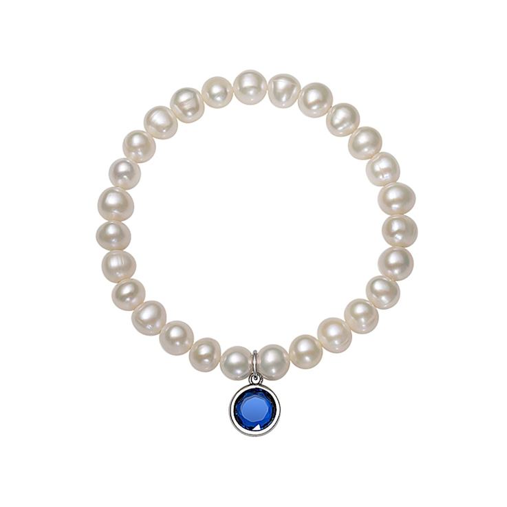 Freshwater Pearl And Dark Blue CZ Charm Stretch Bracelet In Sterling Silver