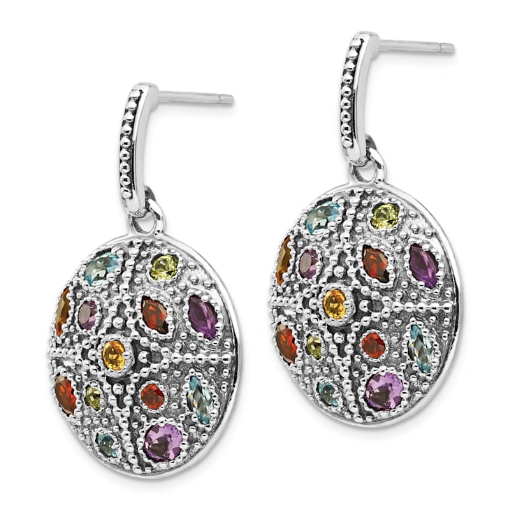 Sterling Silver with 14K Accent Antiqued Multi Gemstone Post Dangle Earrings