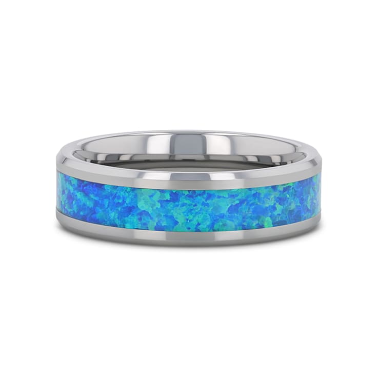 QUASAR Tungsten Wedding Band with Blue Green Opal Inlay 6mm