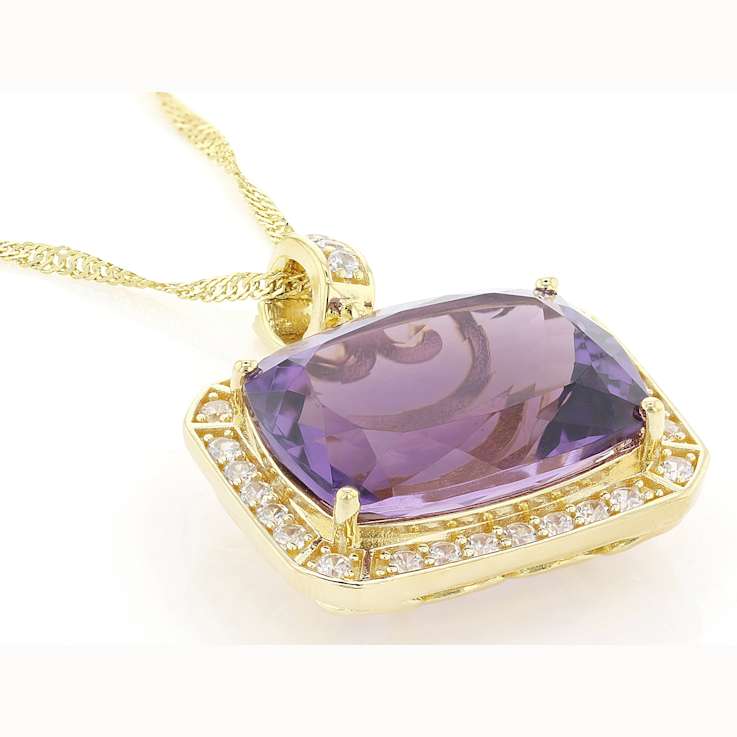 Amethyst Rectangular Cushion And White Zircon Pendant Necklace In 18K
Gold Over Sterling Silver 15.53ctw