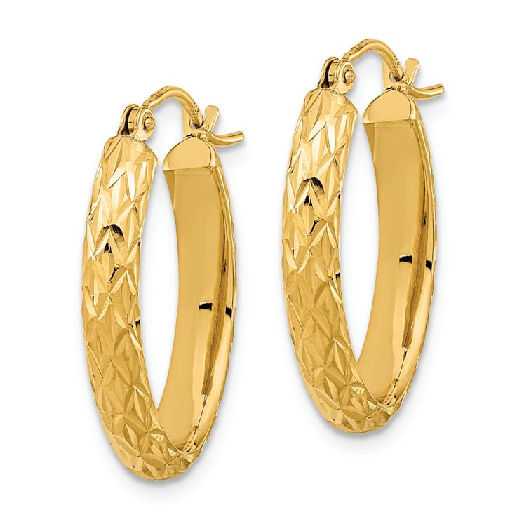 14k Yellow Gold Polished and Diamond-Cut 7/8" Fancy Oval Hoop Earrings